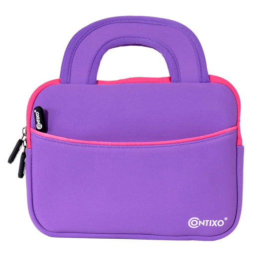 Purple and pink neoprene tablet sleeve with padded handles and front zipper pocket