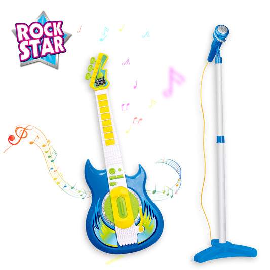 Rock Star kids guitar set with blue electric guitar, yellow and white guitar, blue microphone with stand, and musical note graphics