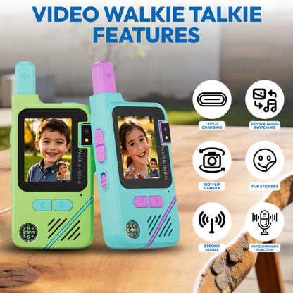 Contixo TK1 video walkie talkies in blue and green with cameras and displays