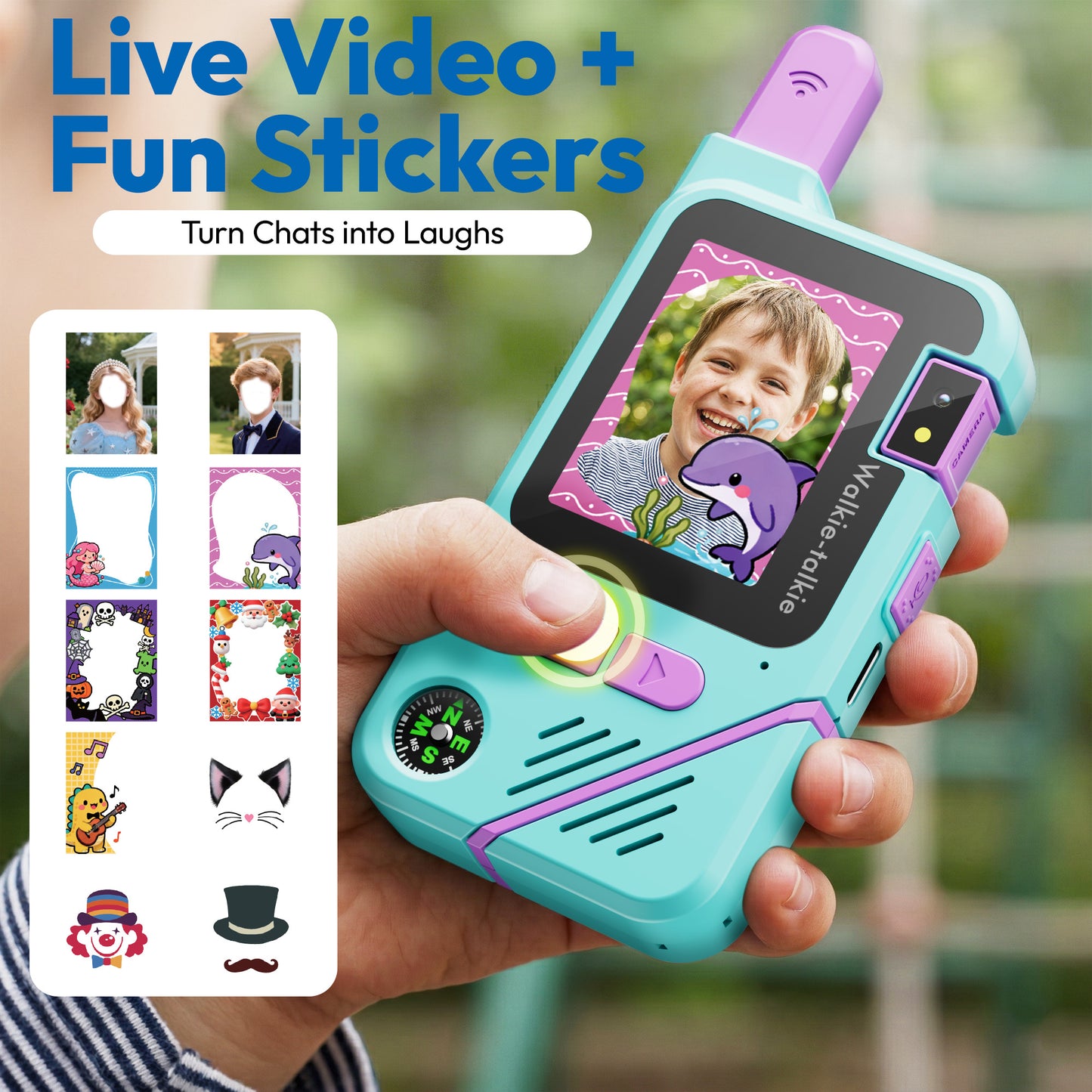 Contixo TK1 Kids Video Walkie Talkies 2-pack in turquoise and purple with camera and voice changer features
