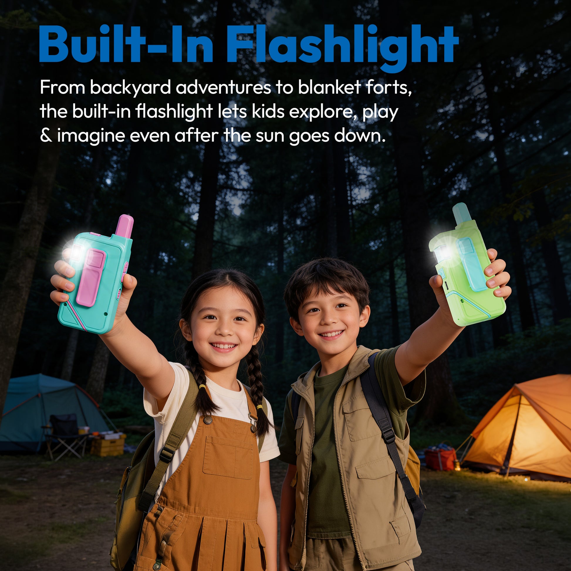 Contixo TK1 Kids Walkie Talkies with built-in flashlight in blue and green