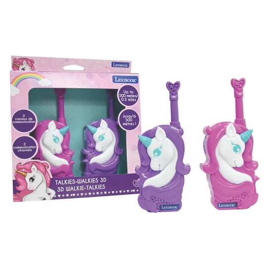Two purple and pink 3D unicorn walkie-talkies with heart-shaped antenna toppers, displayed with packaging box showing rainbow and unicorn graphics