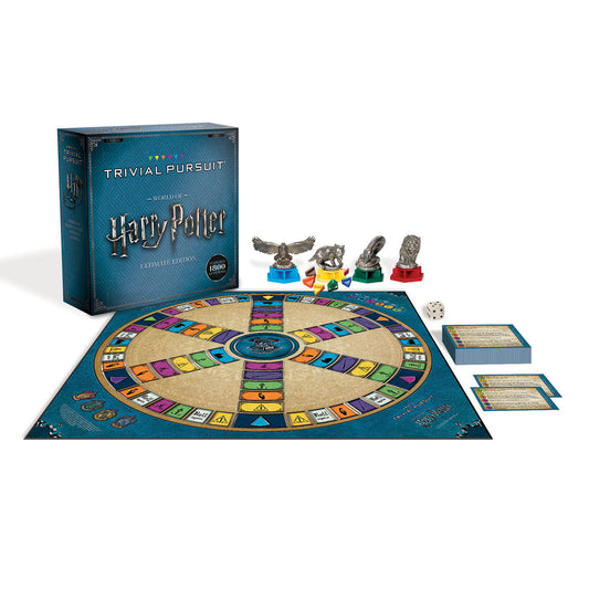 Trivial Pursuit World of Harry Potter Ultimate Edition board game with game board, four metal player pieces, cards, and dice displayed with blue box