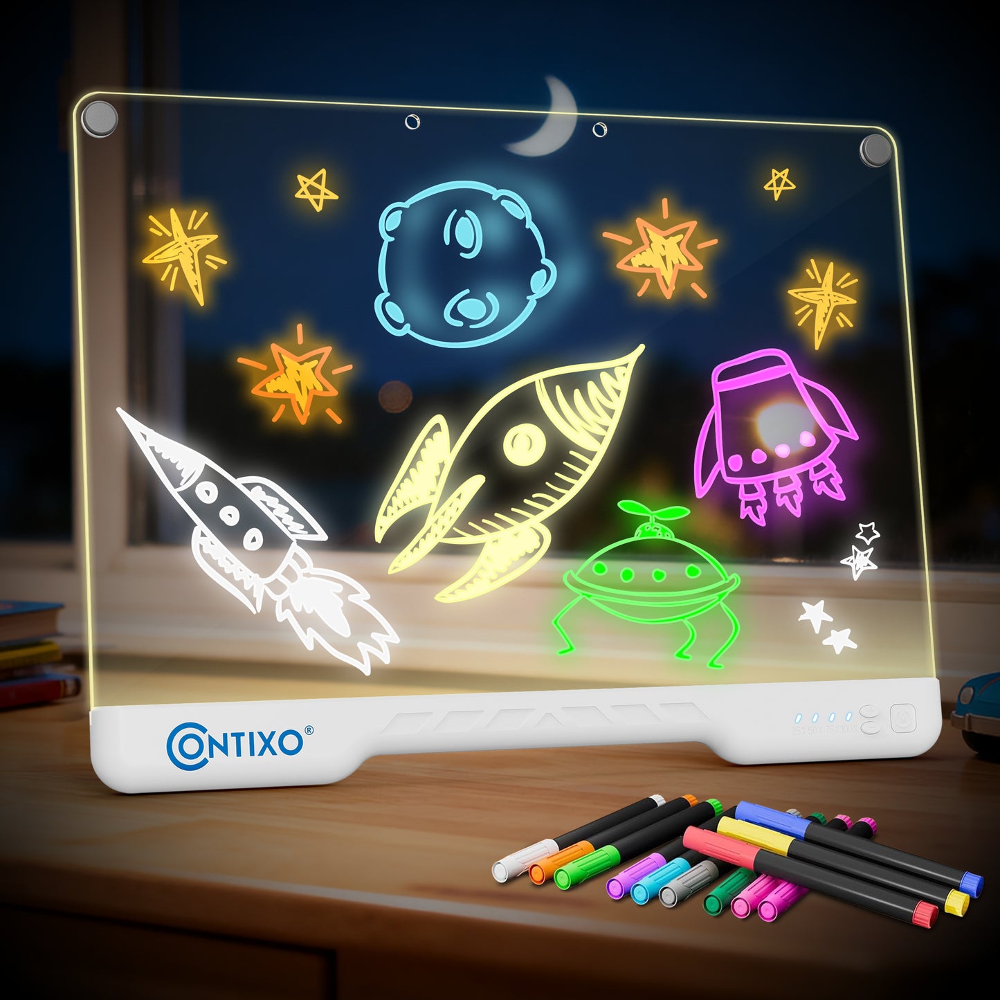 Contixo WB1 16" LED Drawing Board with neon glow designs and colorful markers