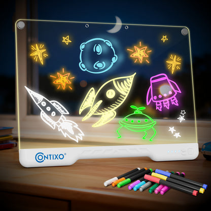 Contixo WB1 16" LED Drawing Board with neon glow designs and colorful markers