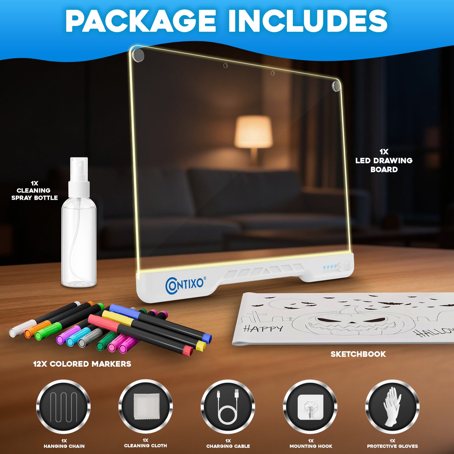 Contixo WB1 16" LED Drawing Board with colored markers, cleaning spray, and accessories included