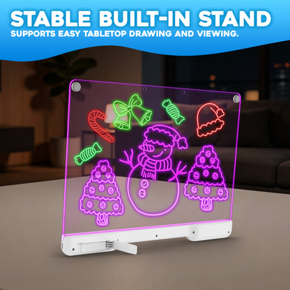 Contixo WB1 16" LED Drawing Board with neon Christmas designs, colorful glow effects, and white stand