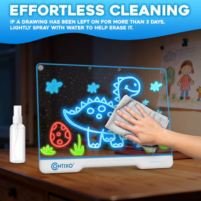 Contixo WB1 16" LED Drawing Board with neon dinosaur and flower designs, spray bottle, and cleaning cloth