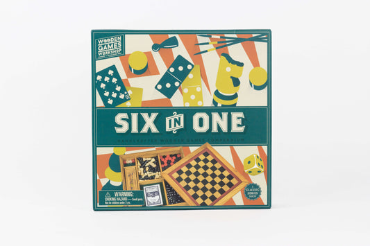 Six in One wooden games compendium box by Wooden Games Workshop featuring multiple classic games including chess, dice games, and card games in teal, yellow, an