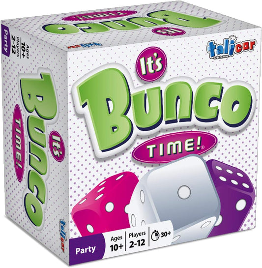 It's Bunco Time! board game box featuring green letters, pink and purple dice, and product details for ages 10+, 2-12 players