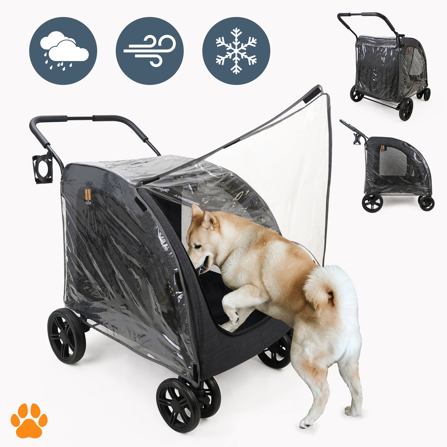 Chester Raincover Pet Stroller in Melange Black with dog, weather icons shown