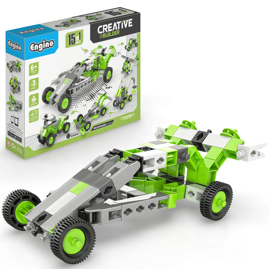 Engino Creative Builder 15-in-1 multimodel vehicle building set with lime green and gray pieces assembled into a buggy-style vehicle, shown with packaging box