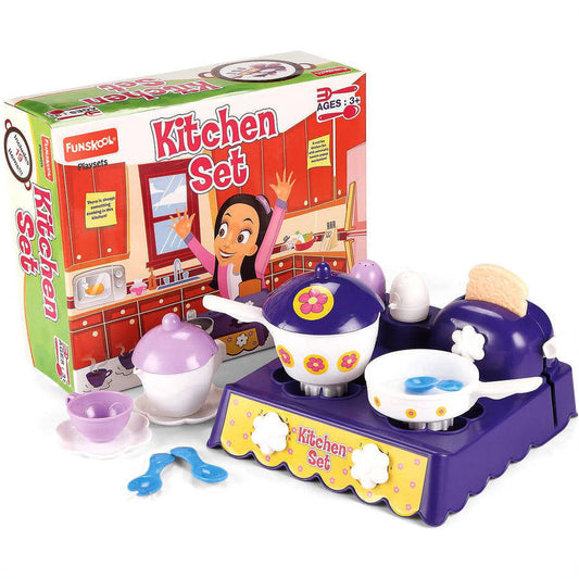 Funskool Kitchen Set playset with purple stove, colorful pots and pans, utensils, and packaged box showing red kitchen scene