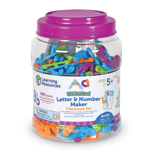 Learning Resources Letter & Number Maker Classroom Set with 200 colorful plastic pieces in blue, purple, orange, and green in clear plastic jar with purple lid