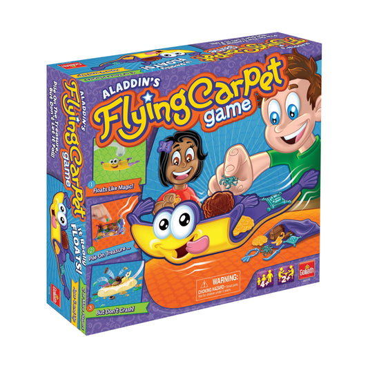 Aladdin's Flying Carpet Game box showing animated characters and a yellow flying carpet with game pieces and gameplay illustrations