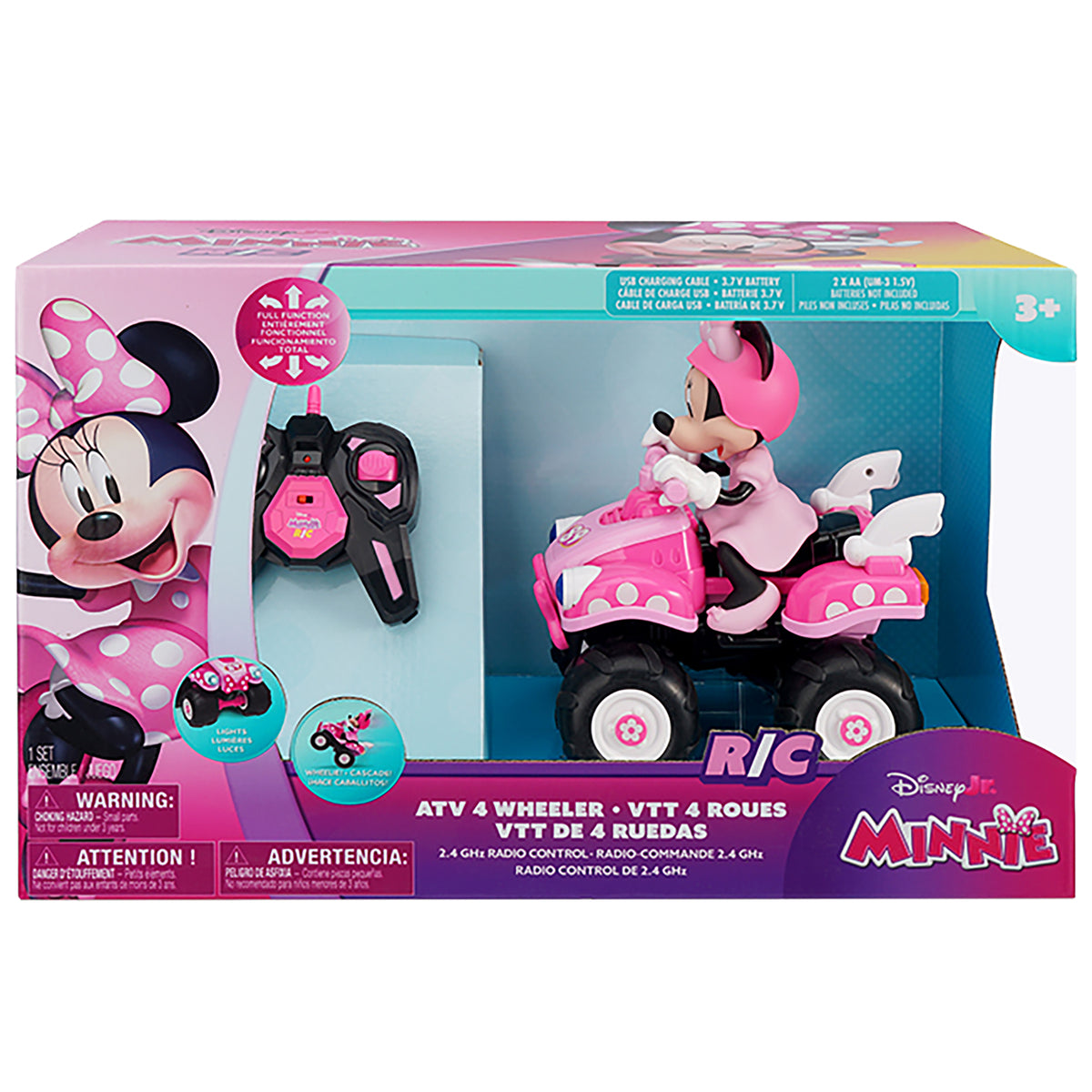Disney Jr. Minnie Mouse 7.5" R/C ATV 4 Wheeler with pink and black design, remote control, and working headlights