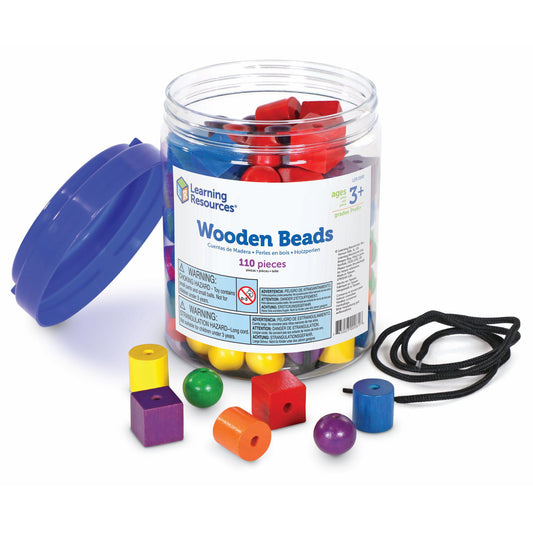 Learning Resources Wooden Beads set with 110 colorful pieces including spheres, cylinders, and cubes in red, blue, yellow, green, purple, and orange; clear plas