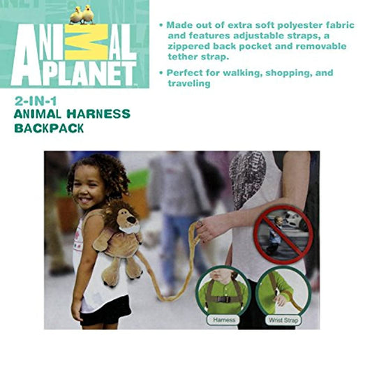 Child modeled by a child wearing tan giraffe harness backpack with yellow straps and wrist leash attachment