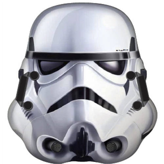 White and black Stormtrooper helmet with glossy finish on plain background