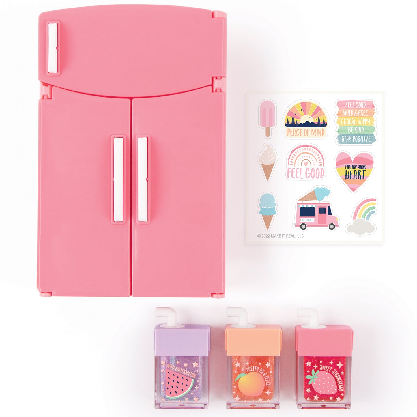 Glimmer & Glow Mini Fridge Lip Gloss Set with pink toy fridge and three fruit-scented glosses