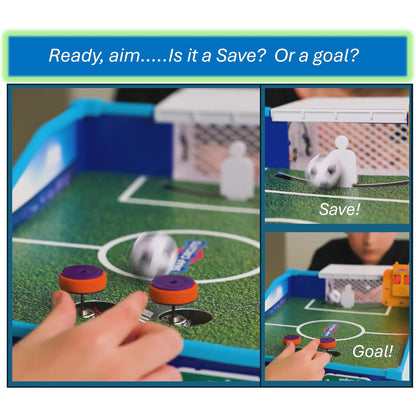 Snap Circuits Soccer Shot tabletop game with orange and purple controllers, blue goal, and white soccer ball