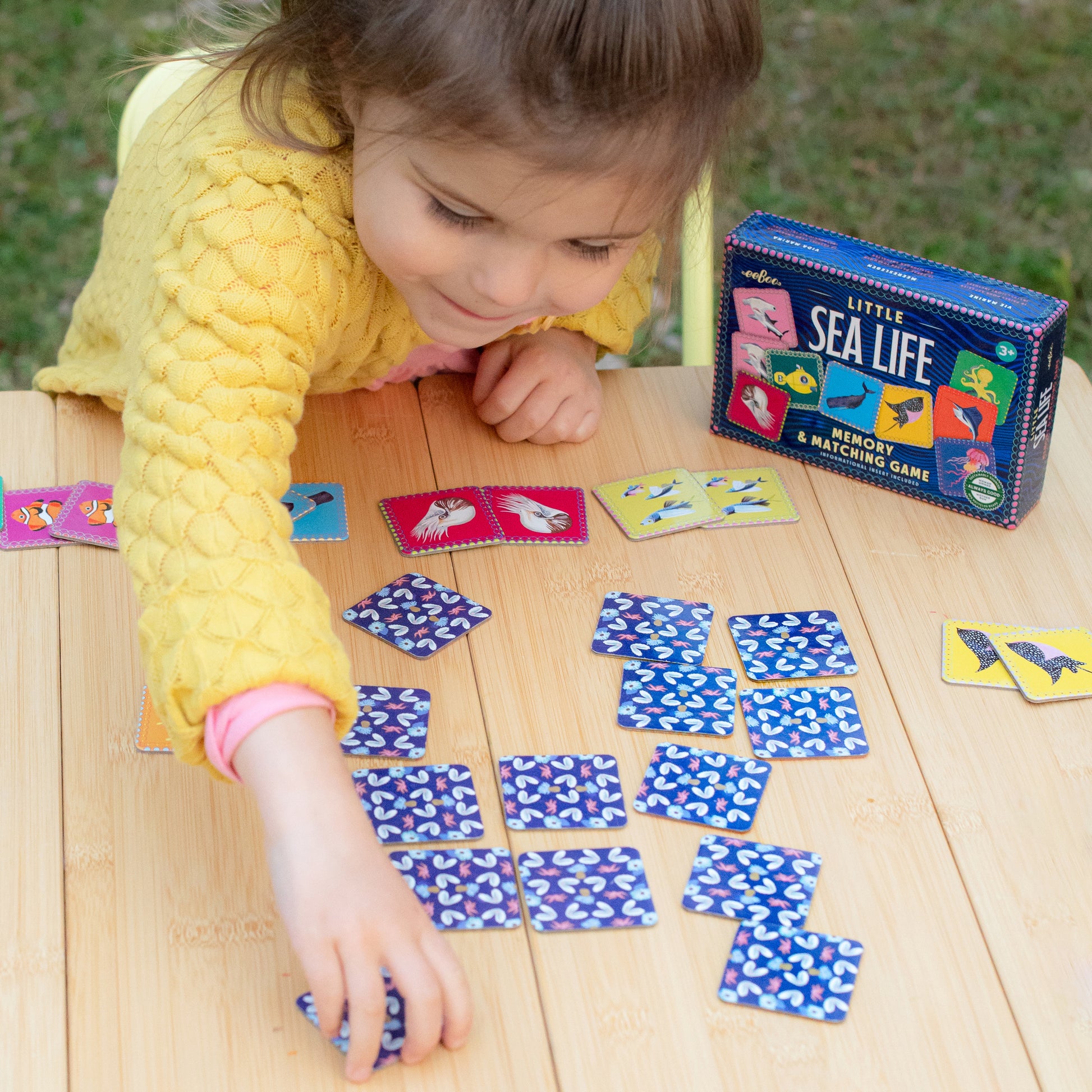 Little Sea Life Memory & Matching Game with colorful sea creature cards being played by child