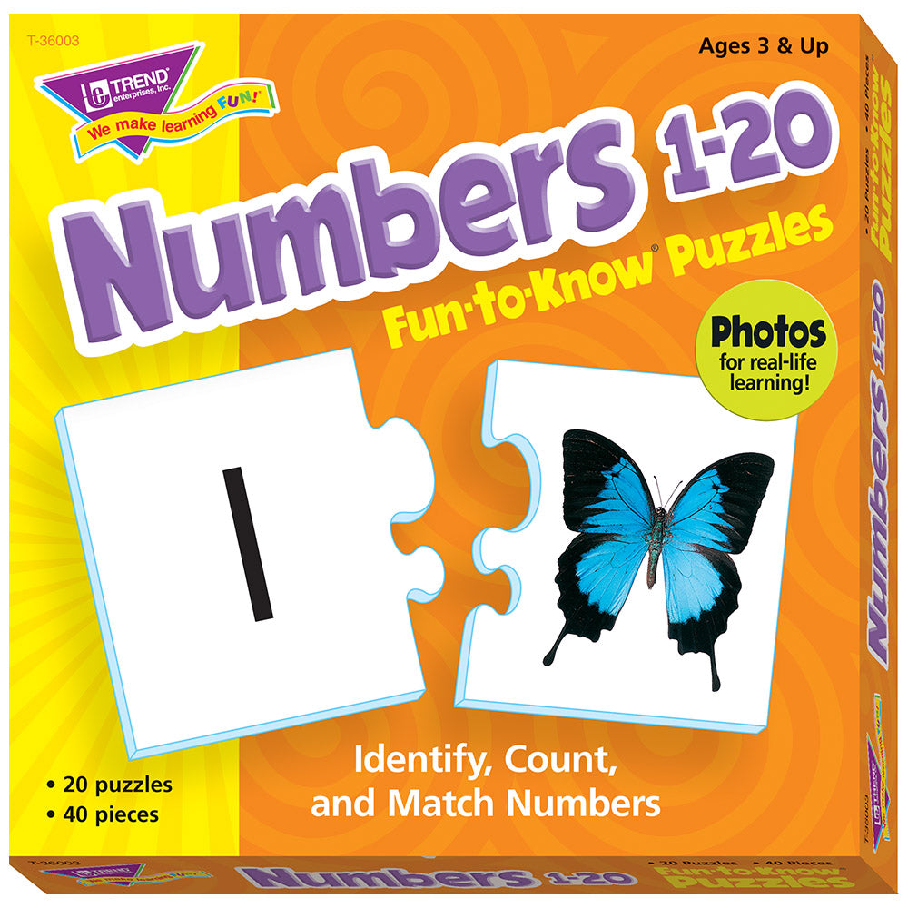Numbers 1-20 Fun-to-Know Puzzles box showing number 1 and blue butterfly puzzle pieces, Ages 3 & Up, 20 puzzles 40 pieces