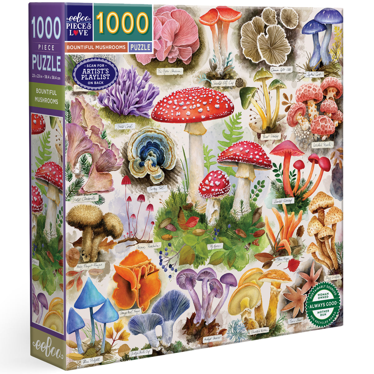 Piece&Love Bountiful Mushrooms 1000 piece puzzle with colorful illustrated mushrooms and botanical designs