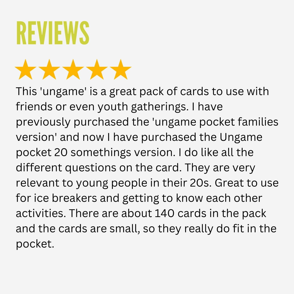 REVIEWS heading with five gold stars and customer review text praising Pocket UnGame 20 Somethings Edition card game