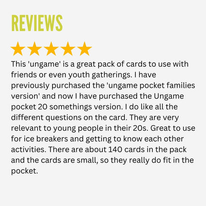 REVIEWS heading with five gold stars and customer review text praising Pocket UnGame 20 Somethings Edition card game