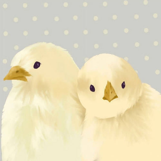 Two fluffy yellow chicks with gold beaks and dark eyes on gray background with cream polka dots