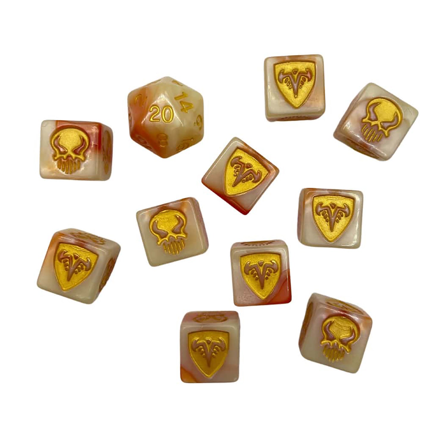 Heroscape Valhalla dice set with amber and gold dice, including d20 and combat dice for miniatures gaming