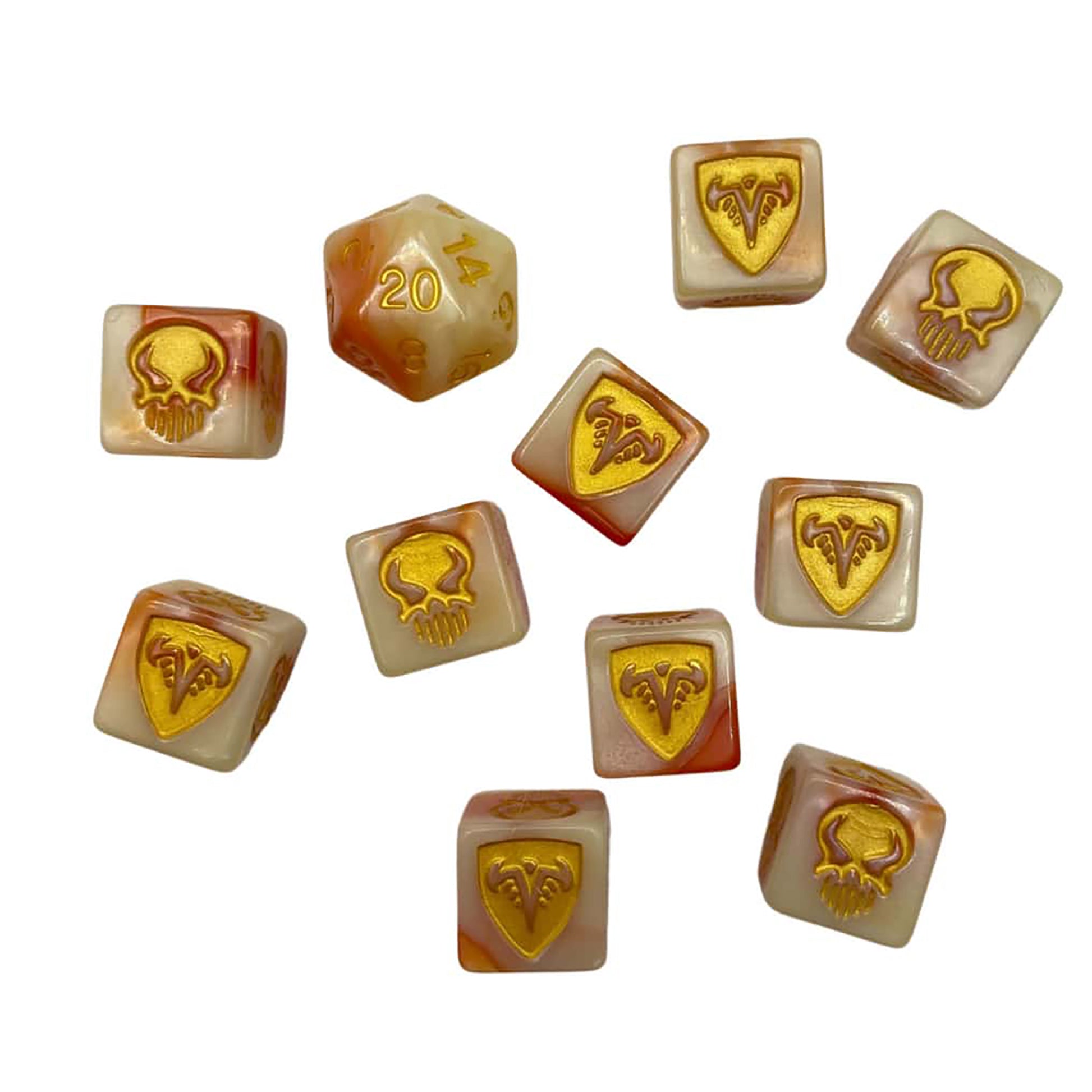 Heroscape Valhalla dice set with amber and gold dice, including d20 and combat dice for miniatures gaming