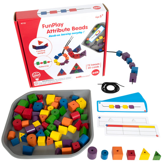 FunPlay Attribute Beads set with 72 colorful wooden beads in various shapes and colors, black lacing string, instruction cards, and storage tray