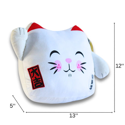 Maneki Neko Lucky Cat White Velboa Cushion 12" Soft Plush