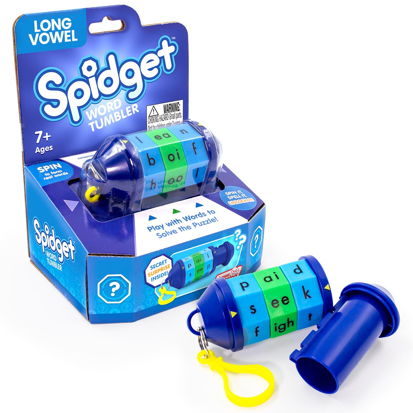 Spidget Word Tumbler Long Vowel blue fidget toy with colorful letter rings and yellow keychain