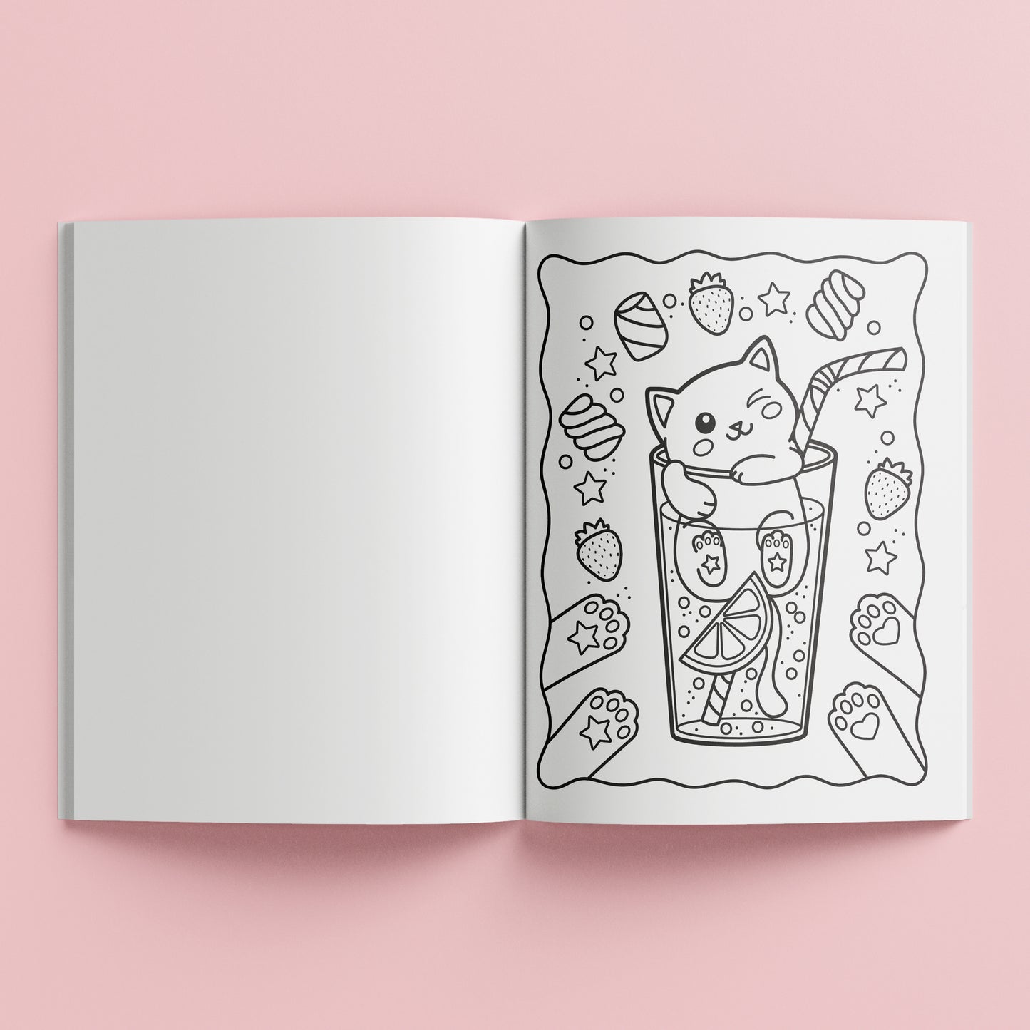 Kaleidoscope Super Cute Sticker Coloring Book open to cat in drink illustration