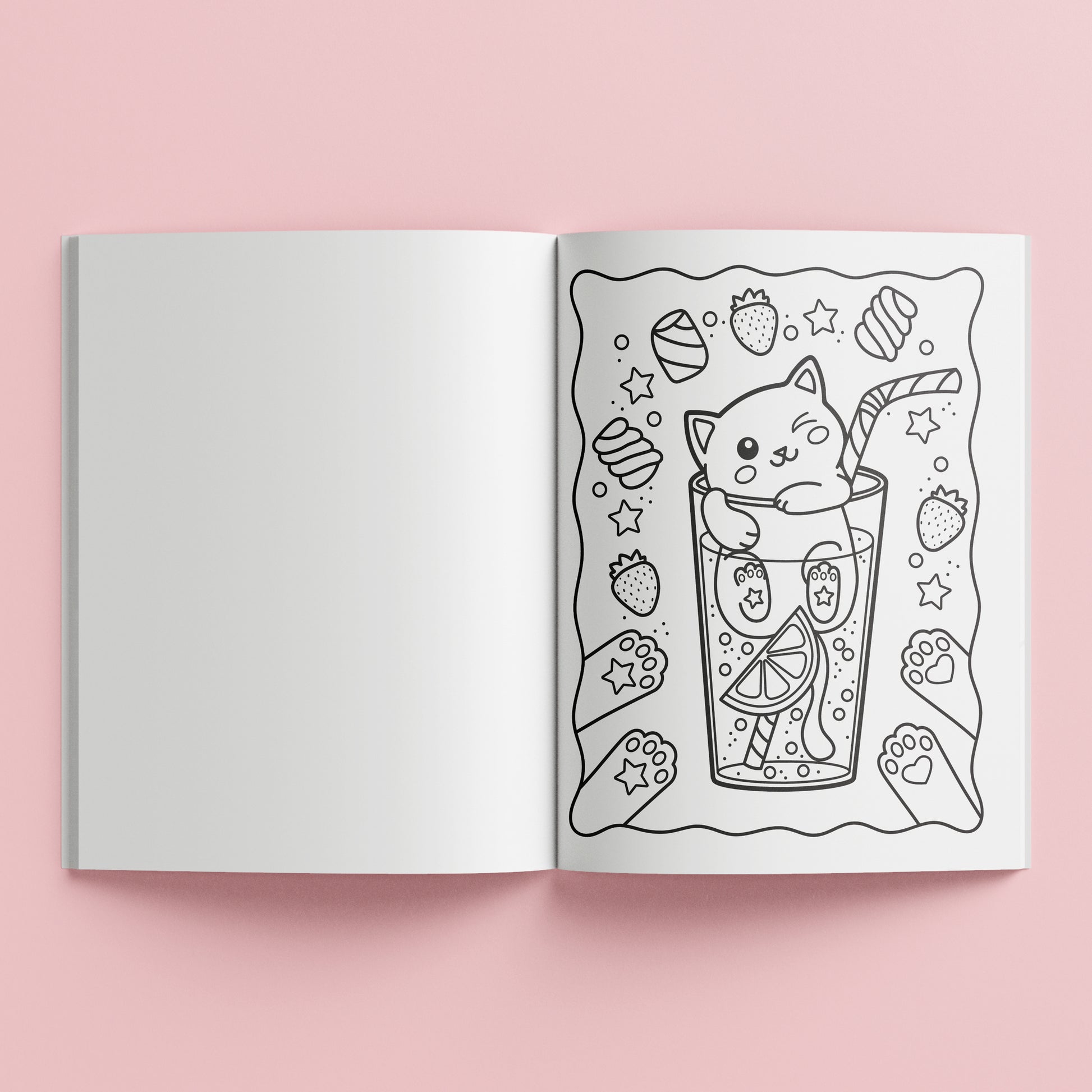 Kaleidoscope Super Cute Sticker Coloring Book open to cat in drink illustration