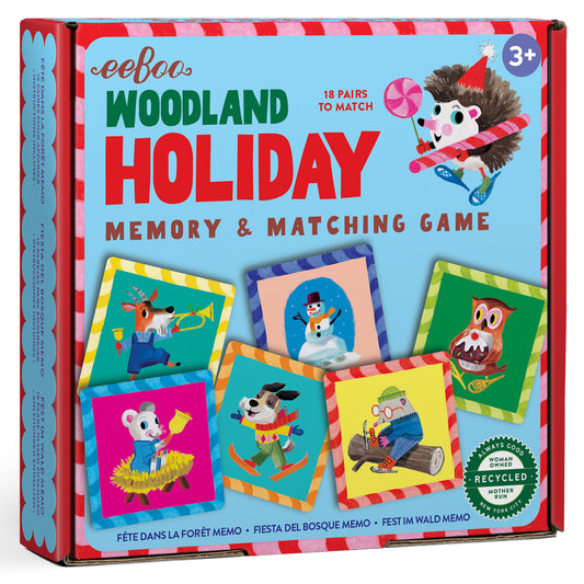eeBoo Woodland Holiday Memory & Matching Game box showing colorful game cards with holiday-themed woodland characters and a cheerful character on the cover, mar
