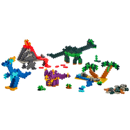 Plus-Plus Learn to Build Dinosaurs 400 Piece Set featuring colorful interlocking blocks arranged in 2D and 3D dinosau...