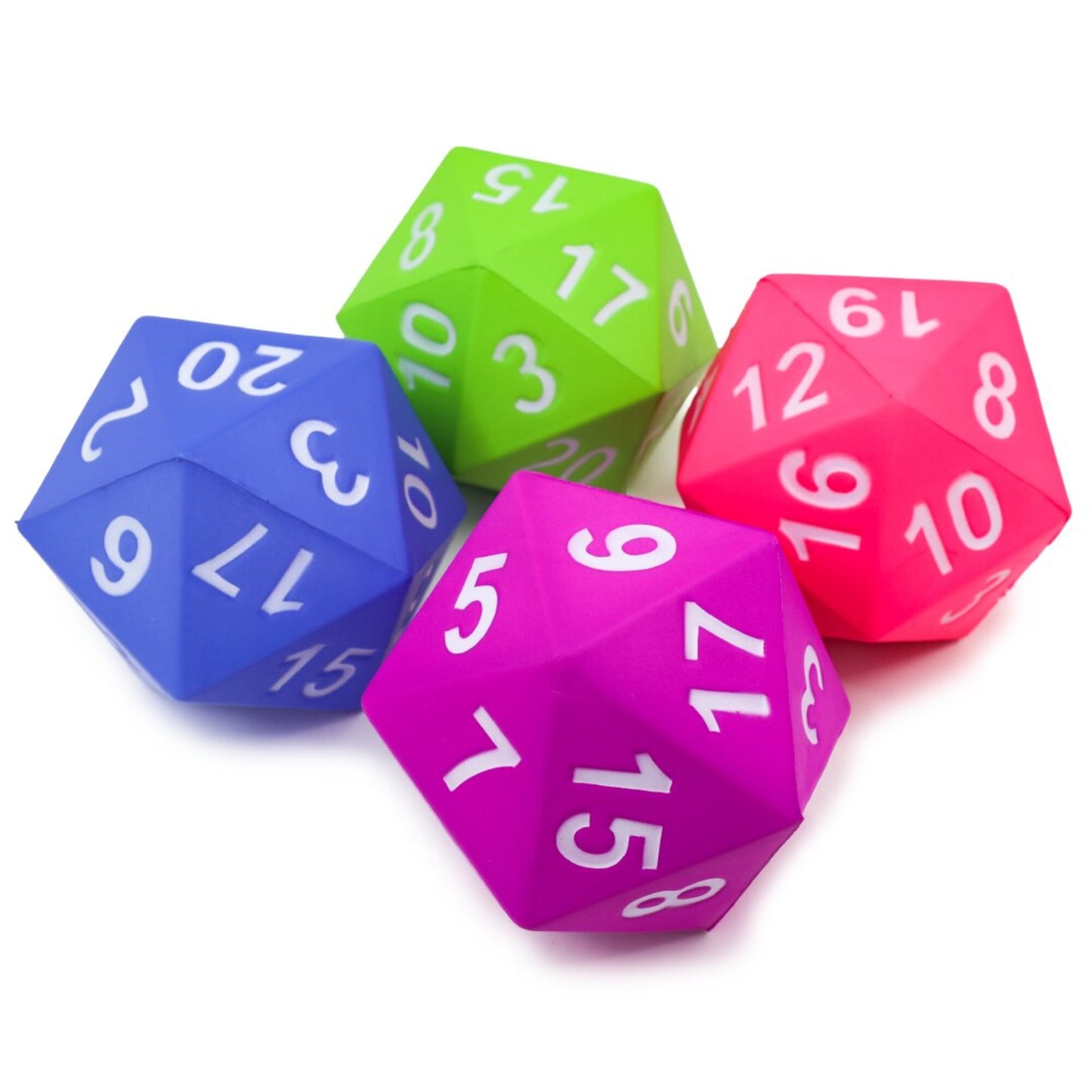 KESS Giant D20 Foam Dice set in blue, green, magenta and red 5-inch oversized dice for tabletop RPG games