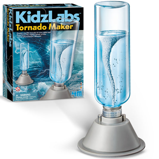 KidzLabs Tornado Maker kit showing boxed packaging and assembled clear cylinder with water and particles creating a visible tornado vortex effect inside