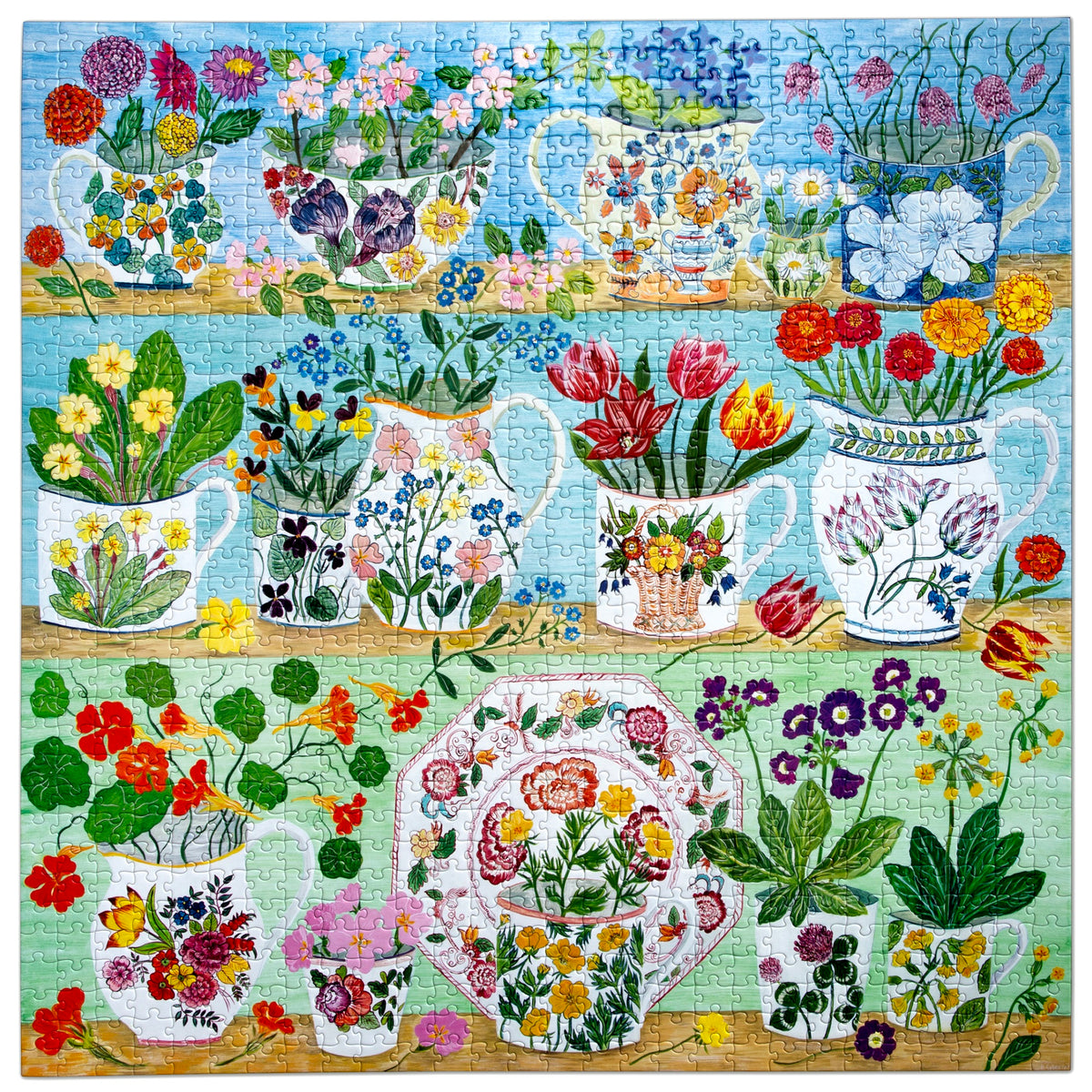 eeBoo Floral Cupboard 1000-piece jigsaw puzzle featuring colorful botanical illustrations and vintage china vases