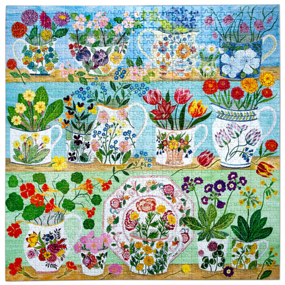 eeBoo Floral Cupboard 1000-piece jigsaw puzzle featuring colorful botanical illustrations and vintage china vases