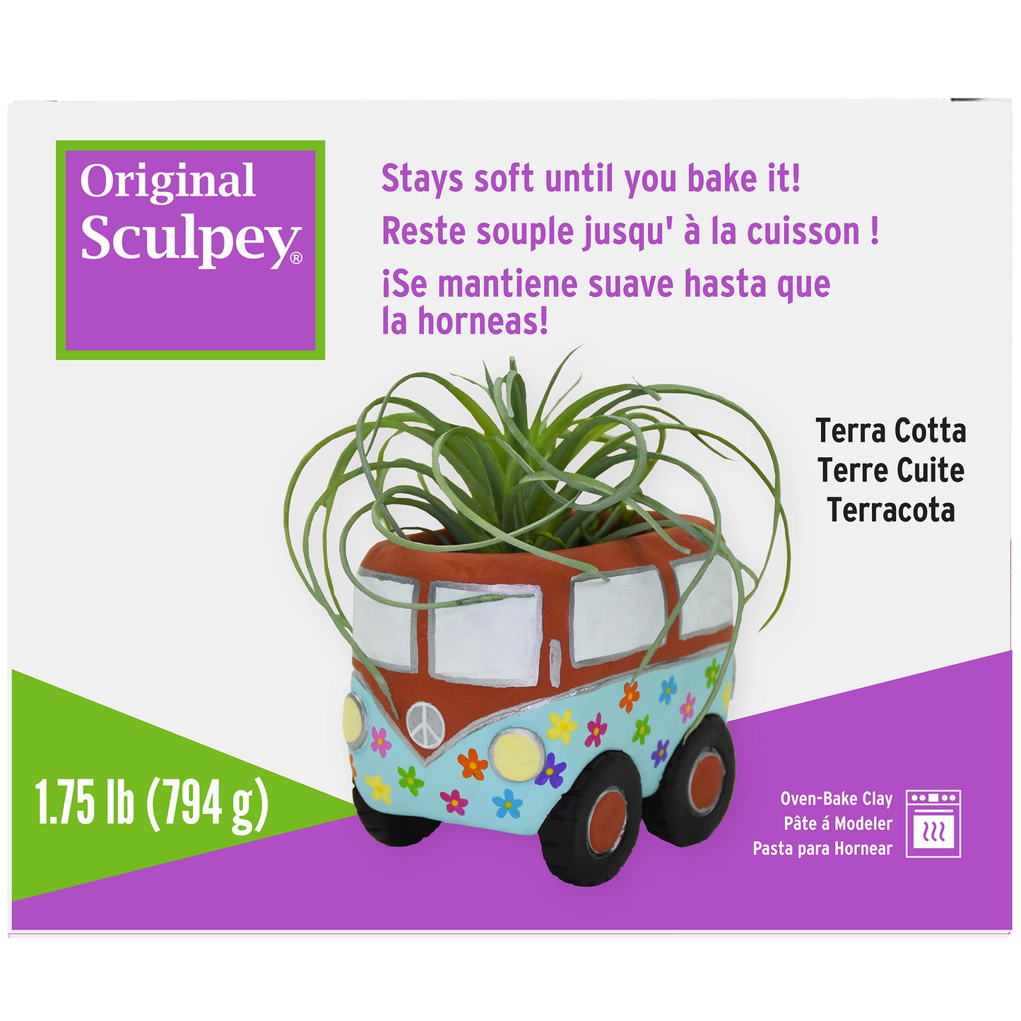 Original Sculpey Terra Cotta Clay 1.75lb in decorative car-shaped planter with green plant