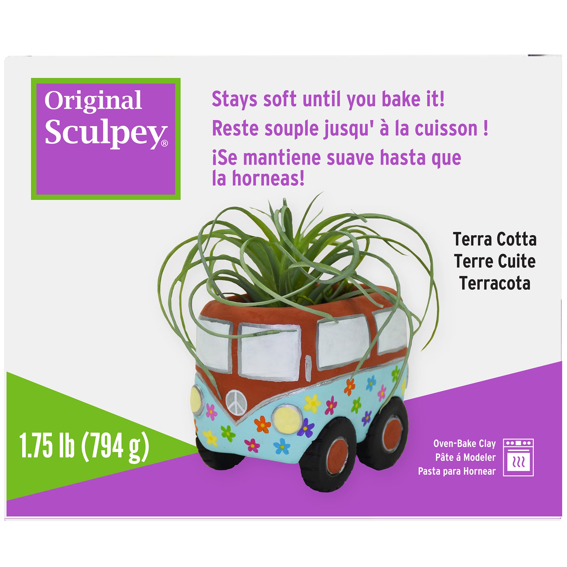 Original Sculpey Terra Cotta Clay 1.75lb in decorative car-shaped planter with green plant