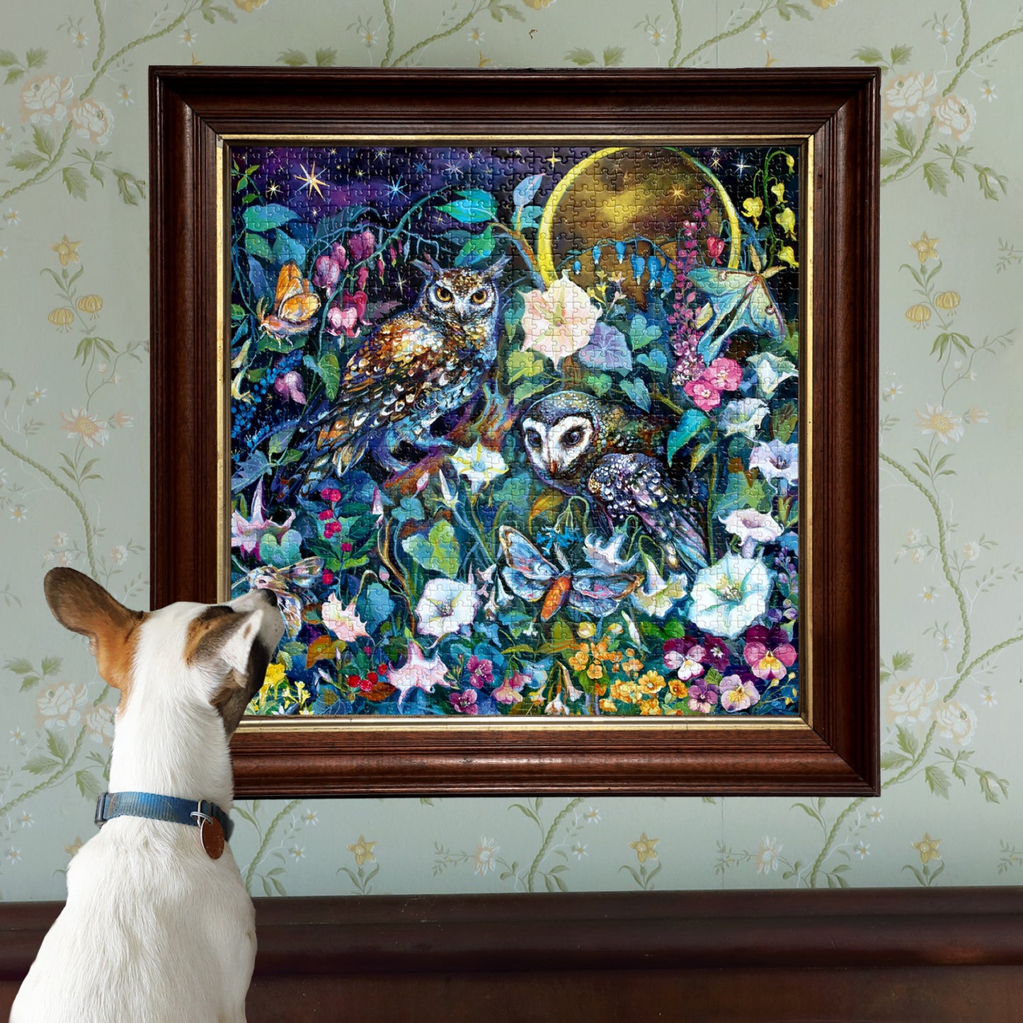 eeBoo Moon Garden 1000-piece puzzle featuring owls, flowers, and nighttime garden scene