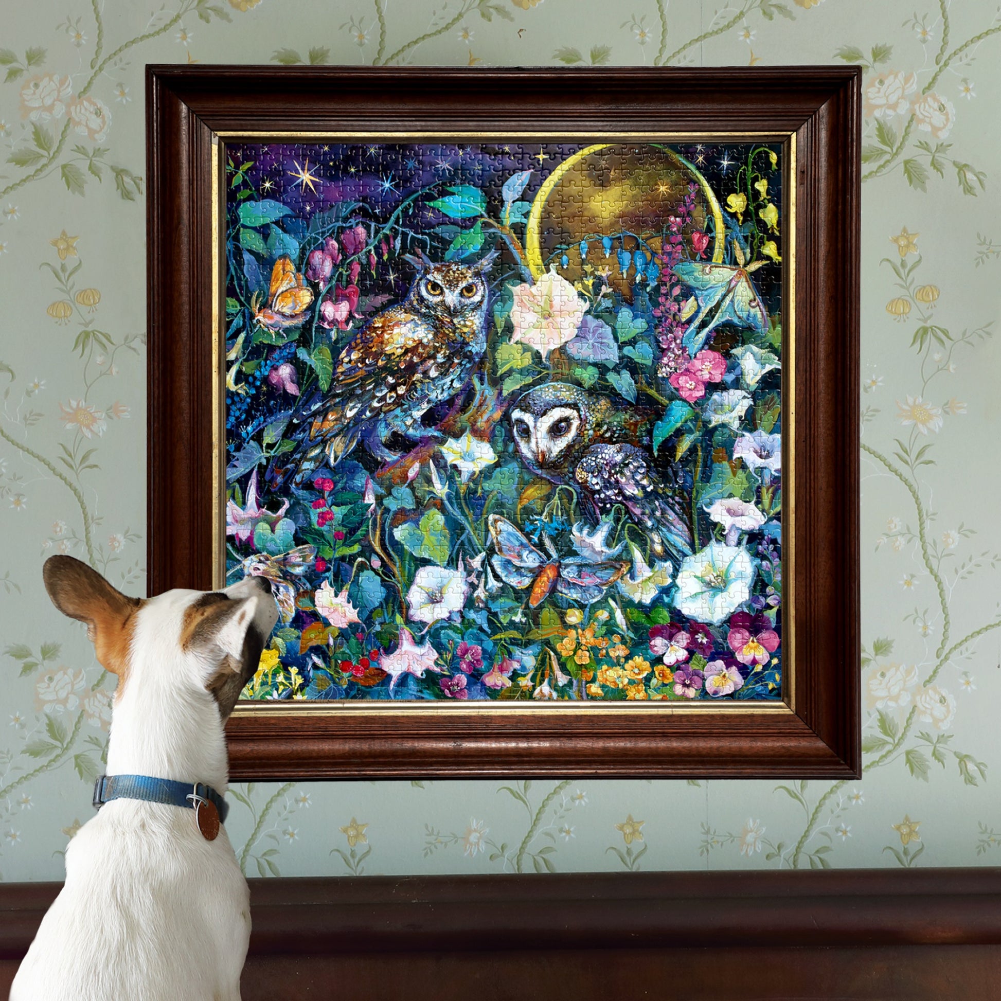 eeBoo Moon Garden 1000-piece puzzle featuring owls, flowers, and nighttime garden scene
