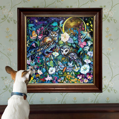 eeBoo Moon Garden 1000-piece puzzle featuring owls, flowers, and nighttime garden scene