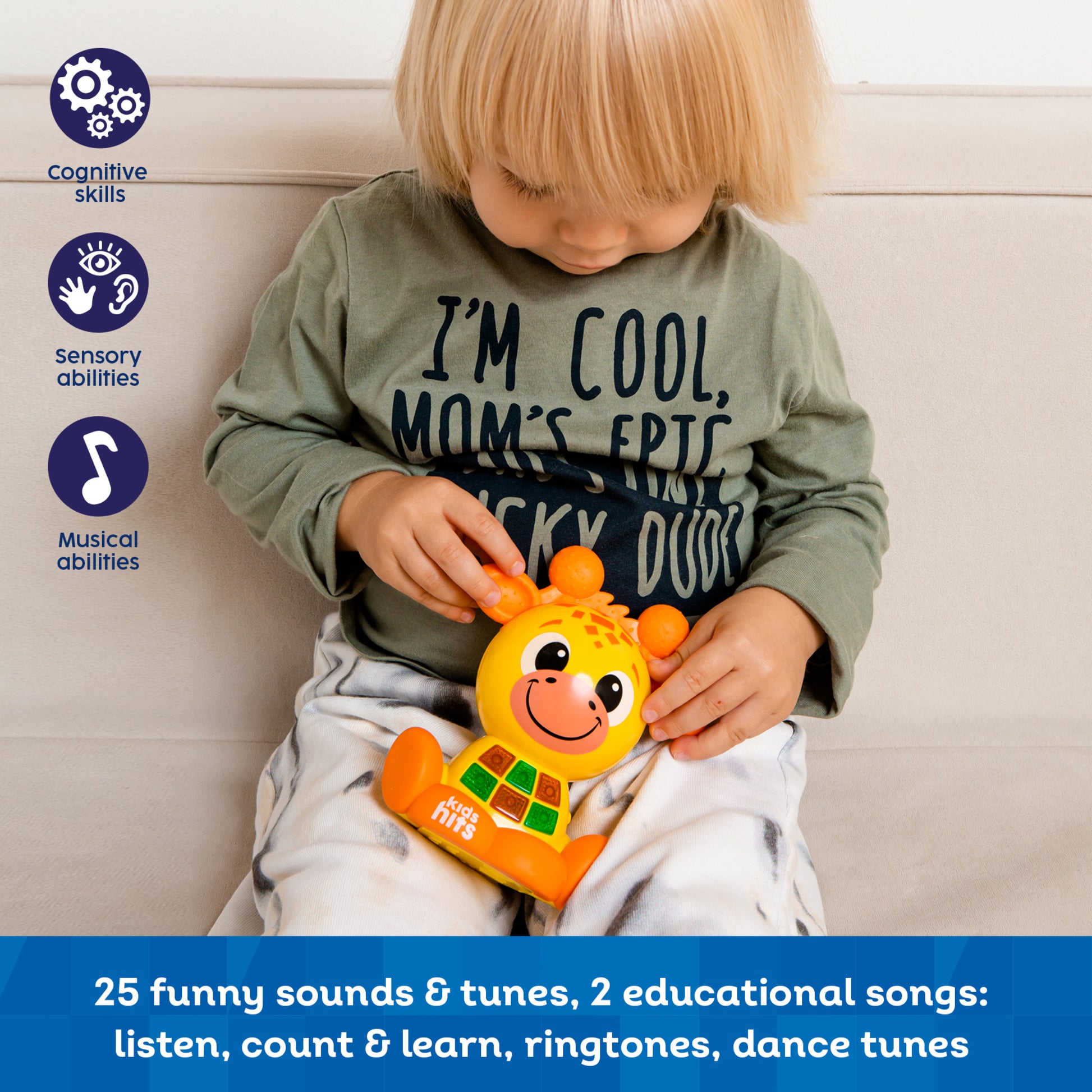 Babykins Giraffe toy with yellow head, orange body, interactive buttons and lights for toddlers